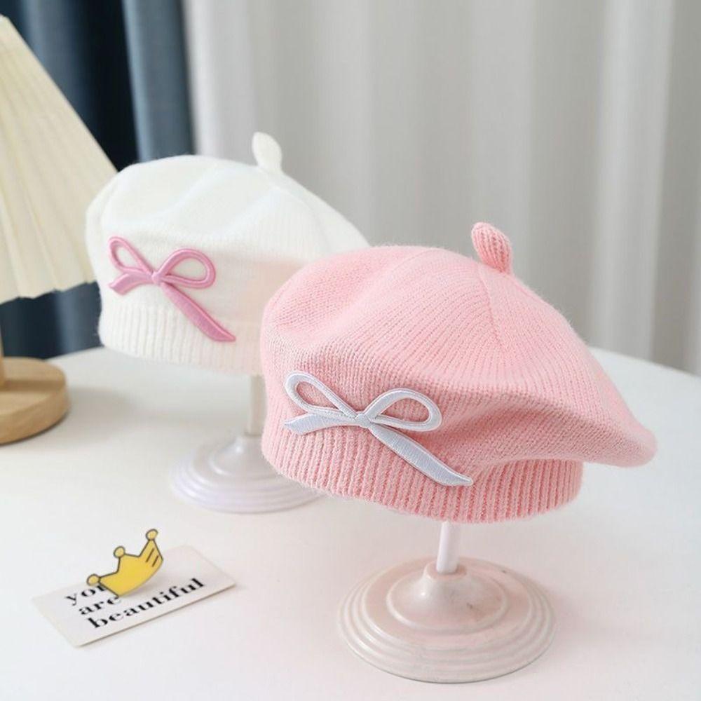 Thick Warm Girls Painter Cap Cotton Toddler Warm Beanie Fashion Bow Knit Headwear  Girl