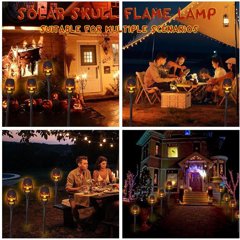 Solar Halloween Skull Lights Flickering Flame Torch Lights Waterproof LED Outdoor Decor for Patio Yard Path Landscape Lighting