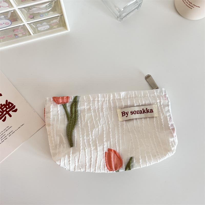 French Embossed Flowers Travel Cosmetic Storage Bag Wallet Cute Women Makeup Kits Handbags Phone Pencil Case Organizer Pouch Bag