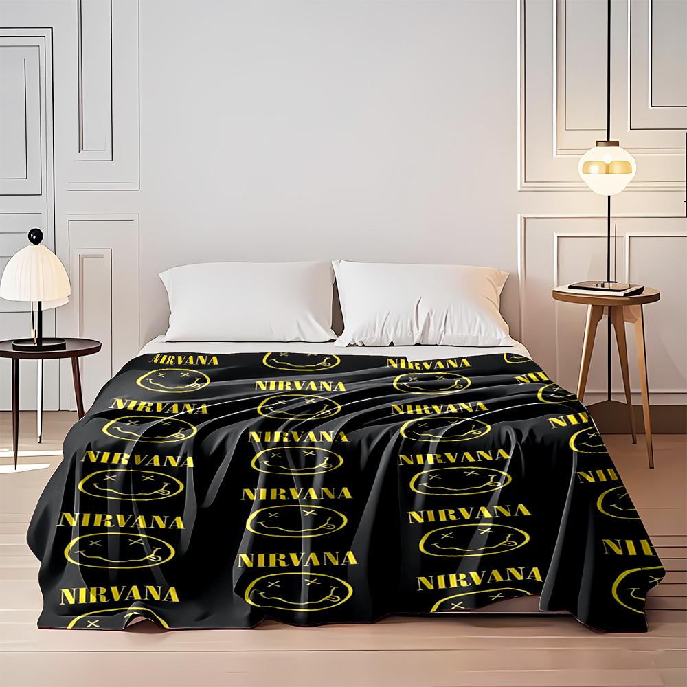 Nirvana Iconic Logo Pattern Flannel Blanket for bedroom, living room, sofa, and nap sofas.