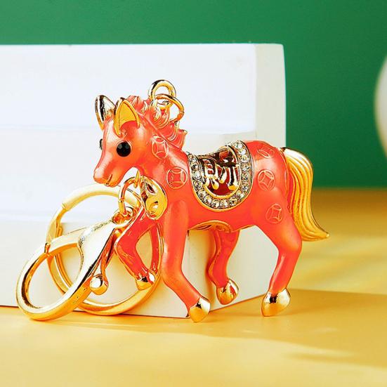 Keychain Pendant Double-Sided Rhinestone Chinese Zodiac Fortune-Attracting Horse Key Chain Metal Handbag Charm