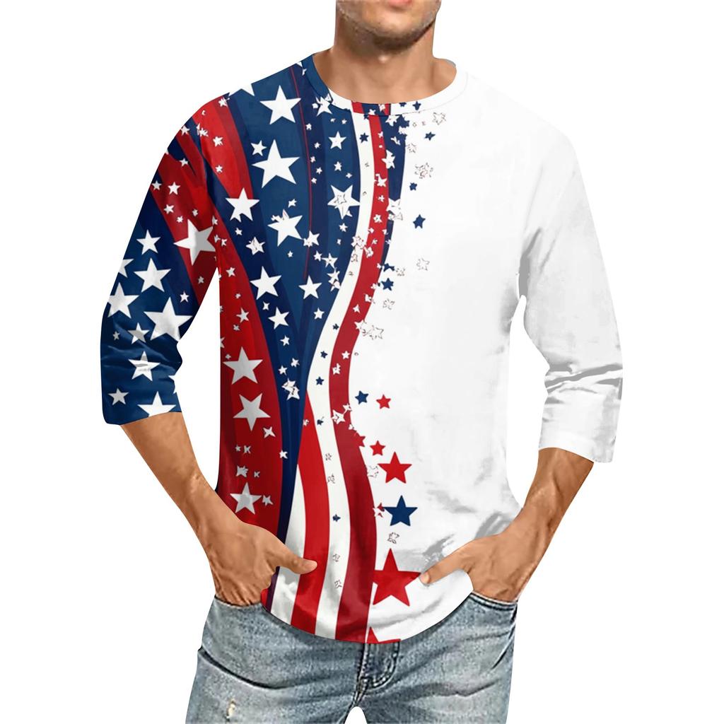 Men's Fashion Casual Independence Day Print  Neck Seven-point Sleeve Top T-shirt