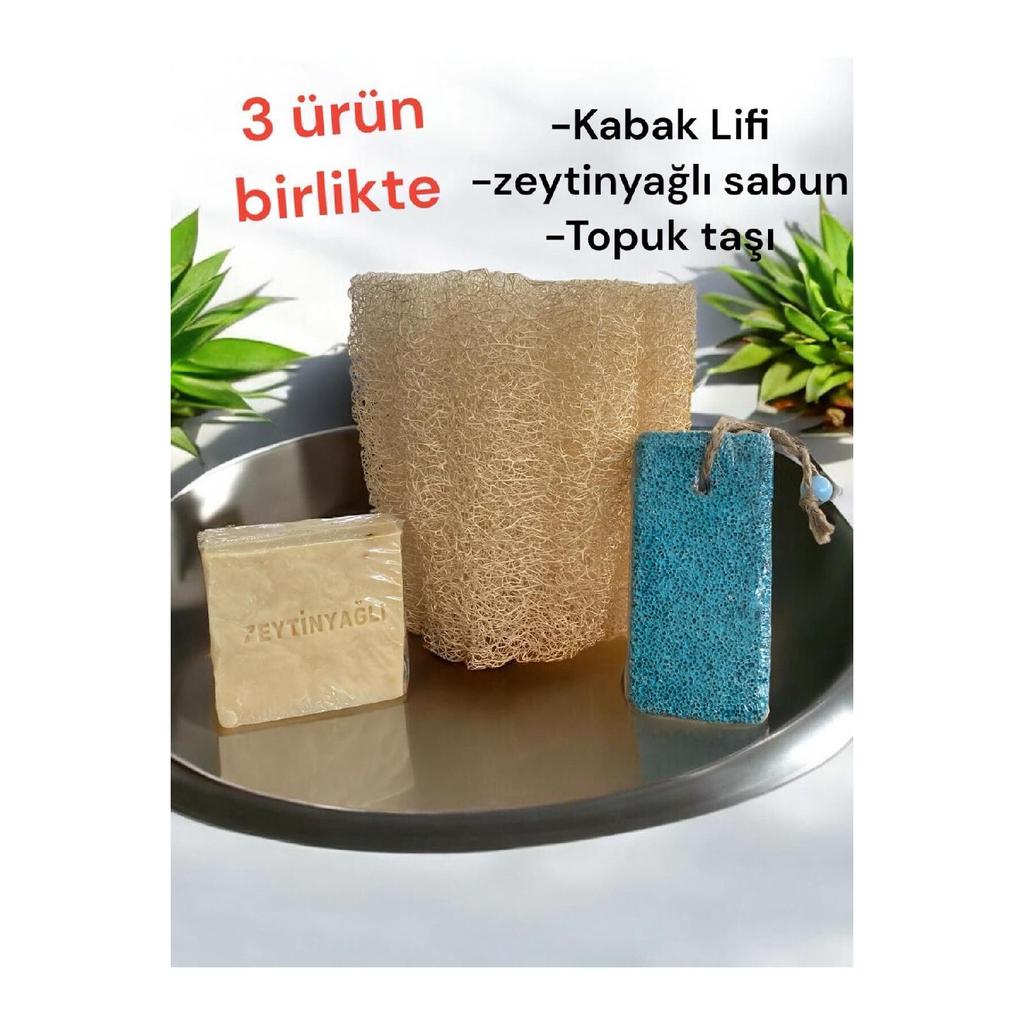 Set Of 3 Natural Pumpkin Washcloth, Natural Olive Oil Soap, Pumice Heel Stone, Peeling