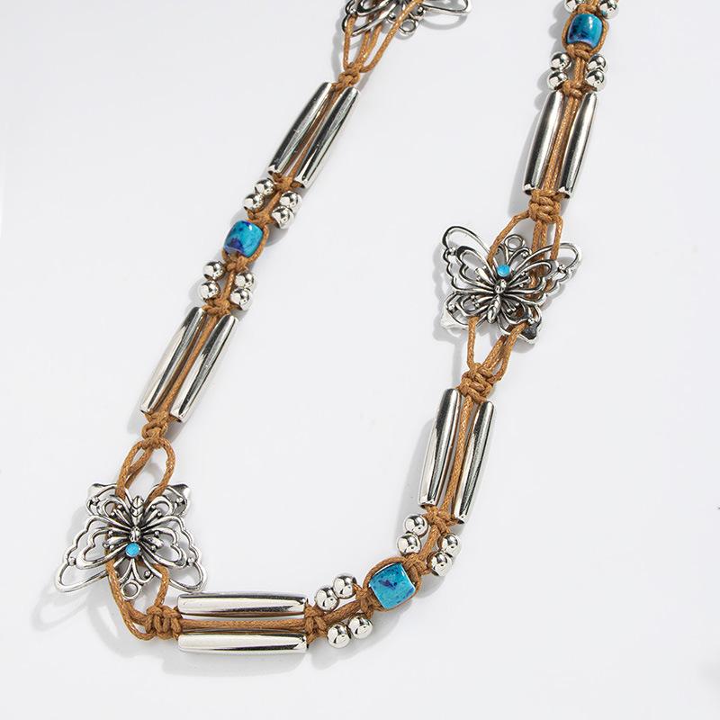 New Boho Style Butterfly Silver Beads Weaving Knotted Ethnic Style Handmade Women's Belt Casual Vacation Style Waist Rope