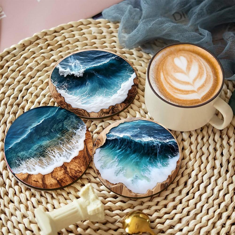 4Pcs New Blue Ocean Round Wooden Coaster for Home, Cafe, Party, Table Decoration, Coaster, Placemat Supplies