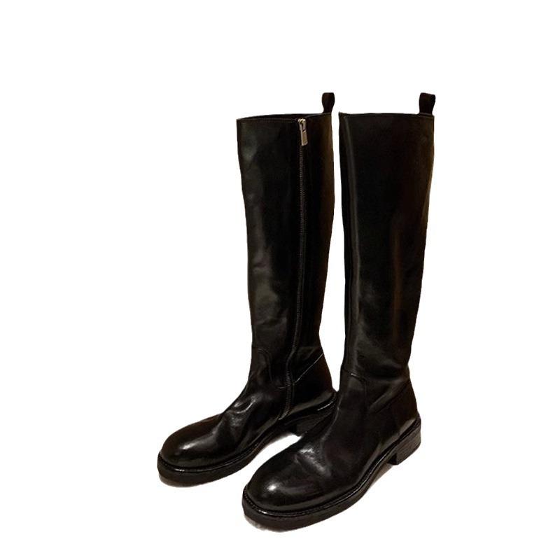 Grape mother new model, washed horse leather inside and out, thick heel, thick-soled high boots, side zipper, simple and thin knight boots for women