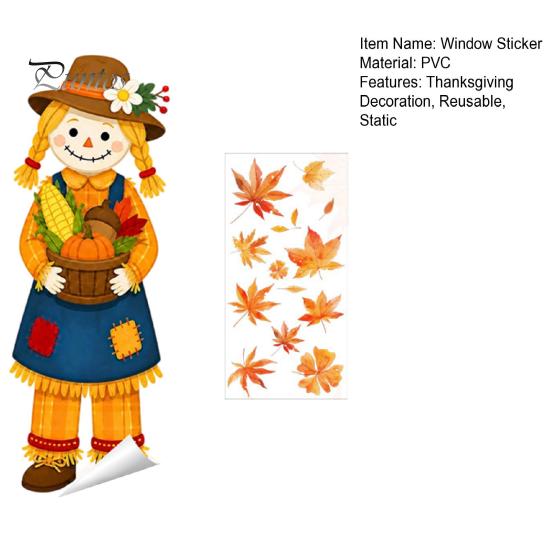 Harvest Festival Glass Stickers Fall Window Clings, Autumn Scarecrow Maple Leaf Stickers, Reusable Double-Sided Theme Ornaments Static PVC Decals for