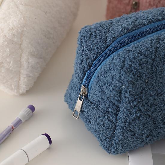 Pen Case Solid Color Large Capacity Zipper Closure Pencil Bag Soft Plush Children Stationery Organizer