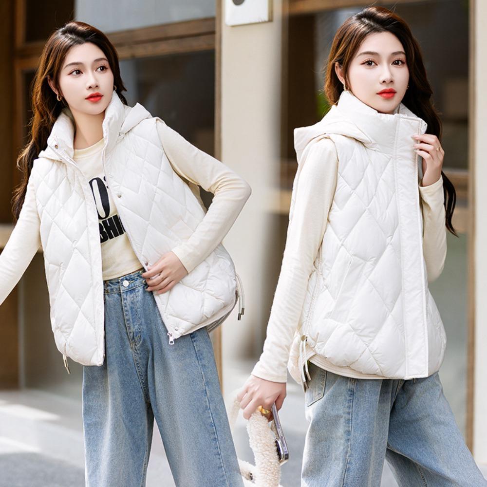 Women's Hooded Diamond‑Quilted Puffer Vest Sleeveless Drawstring Hem Warm Casual Winter Gilet Waistcoat