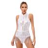 Maillot de corps brillant à paillettes et franges pour femme Trou de serrure Sans manches Dos nu à franges Costume de performance de danse