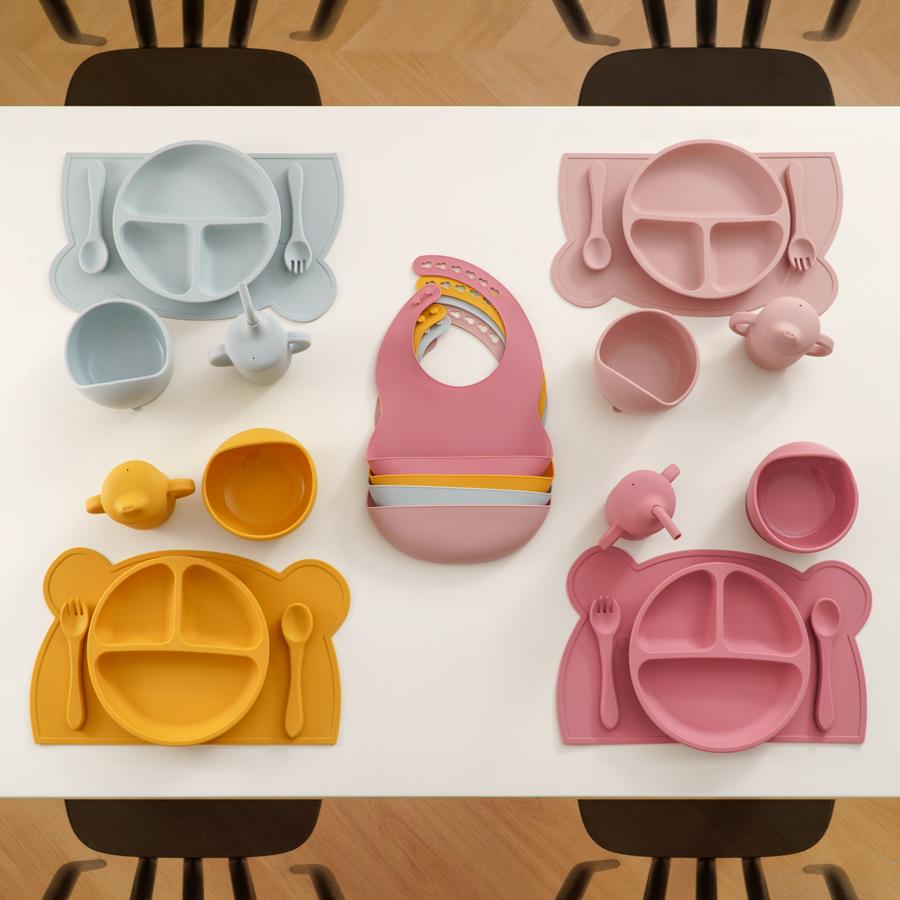 Color Kids 7Pcs Silicone Feeding Set Baby Sucker Bowl Dining Plate Spoon Waterproof Bib Sippy Cup Training Weaning Tableware