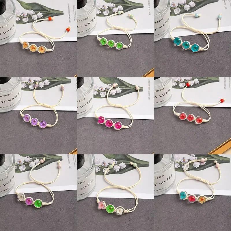 b22 Multicolored Creativity Glass Dried Exquisite Cherry Blossoms Hand-made Dried Flower Bracelets Multiple Flower Weave Jewelry