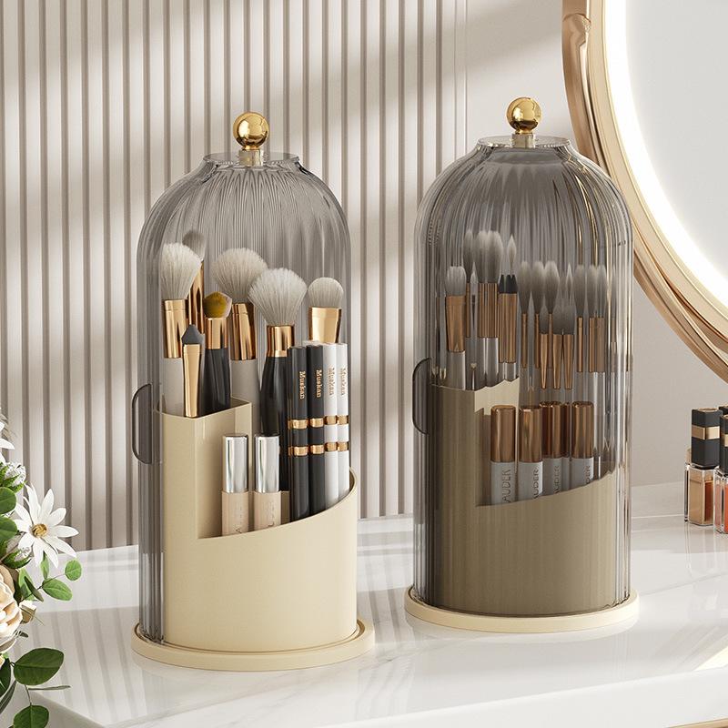 Rotating Transparent Desk Makeup Brush & Pen Organizer with Dustproof Push-Pull Lipstick Holder