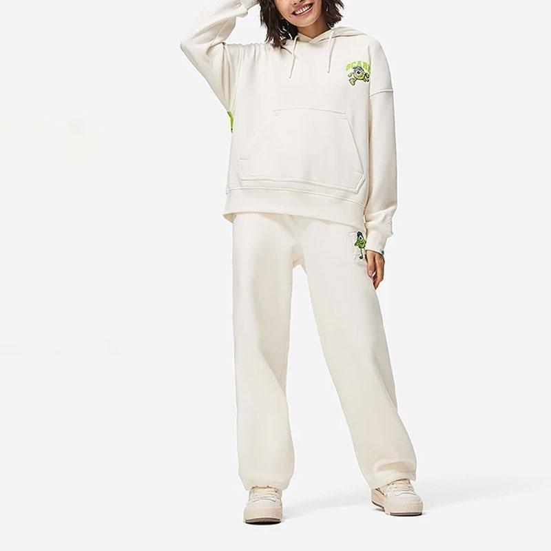 Li Ning X Disney Collaboration Monsters University Series Cartoon Print Fleece Warm Loose Pullover Hoodie Women Hoodies Off-White AWDT810-2