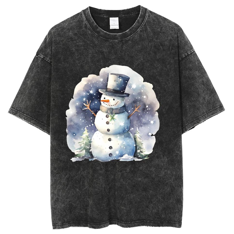 Snowman Print Christmas Women's T-Shirt Oversized Washed Short Sleeve Everyday Cute Top Retro Distressed Wear Men