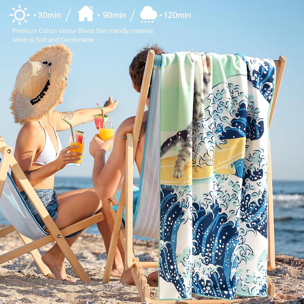 Funny Surfer Cat Beach Towel, Great Wave Blue Ocean Art Cotton Blend Absorbent Bath Towel for Kids Men Women and Travel