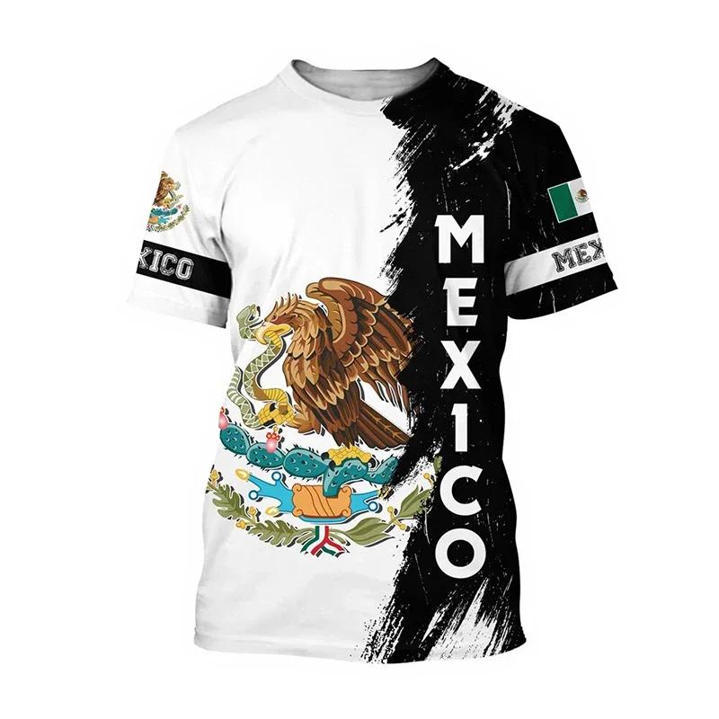 Mexican Flag National Emblem 3D Printed T-shirts Street Wear Oversized Round Neck Short-sleeved Men's T-shirts