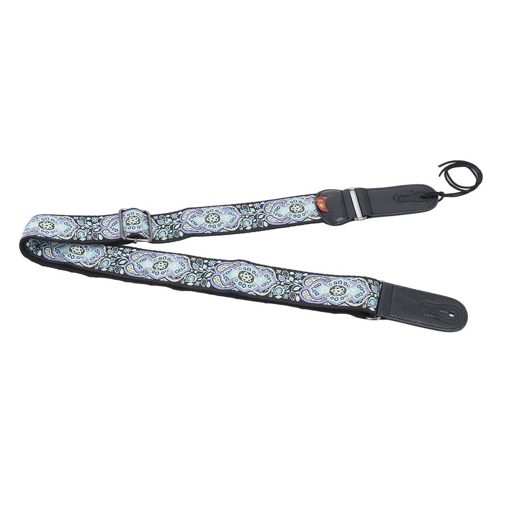 Ethnic Guitar Strap 2 Inch Widened Adjustable Length Leather Cotton Guitar Strap with Pick Holder for Bass Ukulele Type