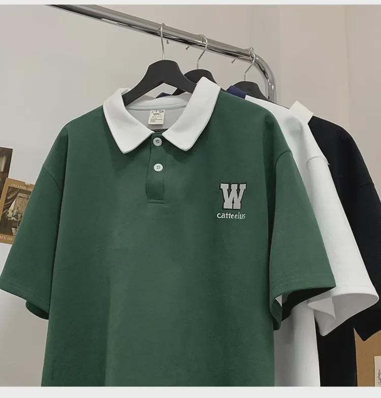 Men's Summer Embroidered Cotton Polo Shirt with College Style Contrast Colors