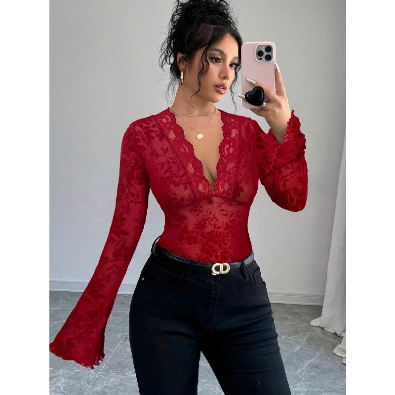 Women's 2025 Fall/Winter New Arrival V-Neck Lace & Mesh Flared Sleeve T-Shirt Top