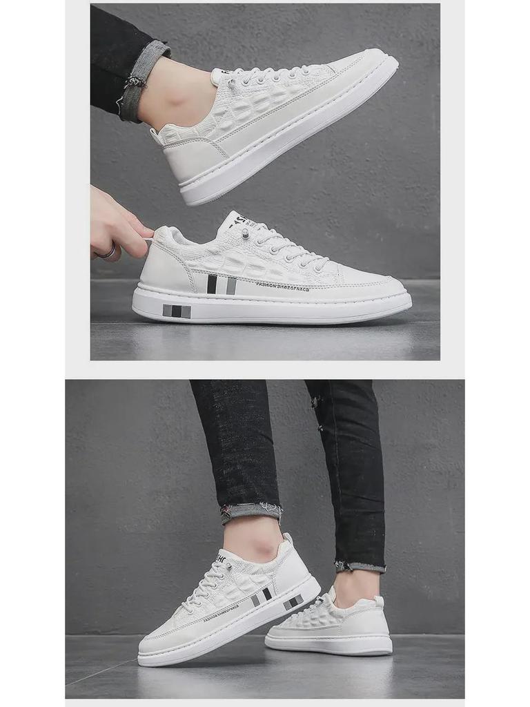 White Crocodile Pattern Leather Sneakers for Men - 2021 Autumn Casual, Versatile, and Non-Slip Soft Sole Shoes.