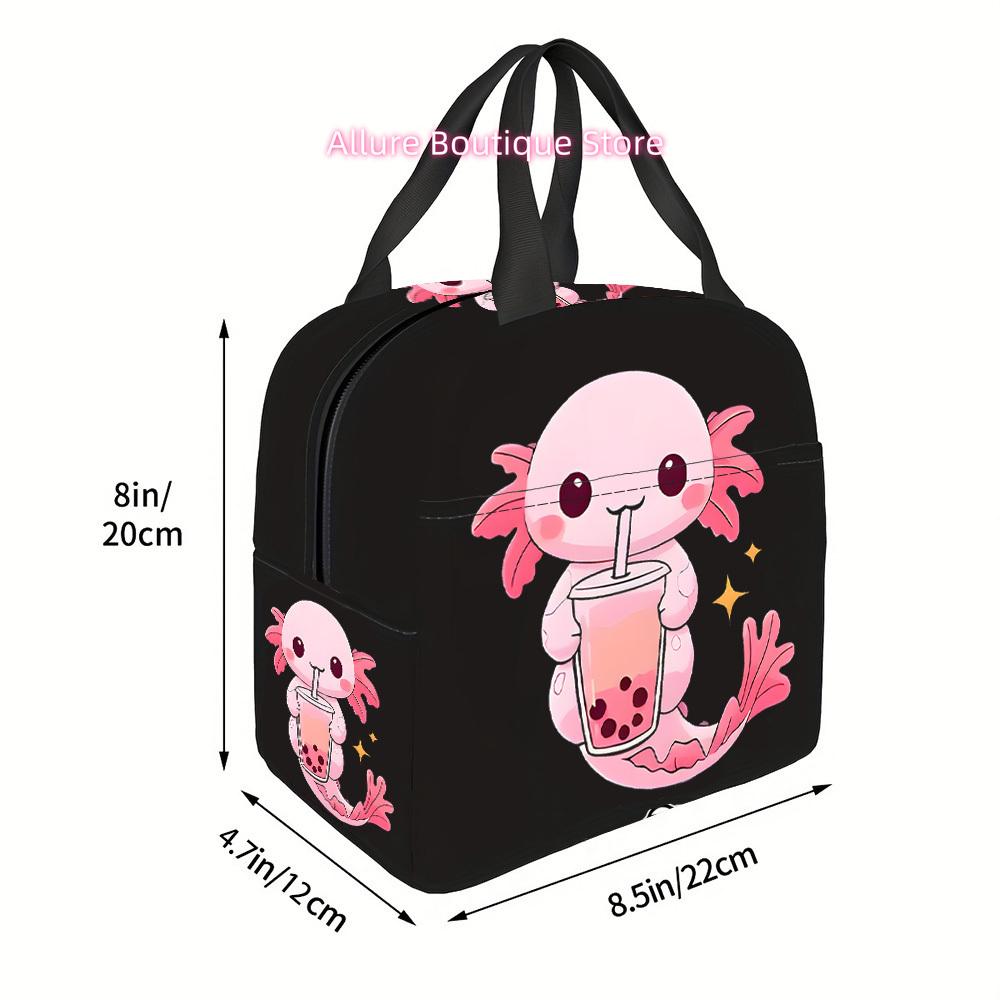 Adorable Axolotl Drinking Bubble Tea Lunch Bag - Durable Polyester, Mini Meal Carrier with Large Capacity, Perfect for Work, Sch