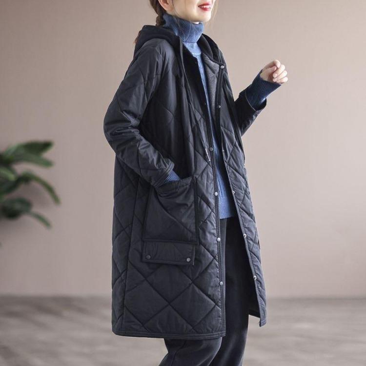 

Women Loose Fit Diamond Pattern Mid Length Cotton Padded Jacket Casual Large Size L чорний