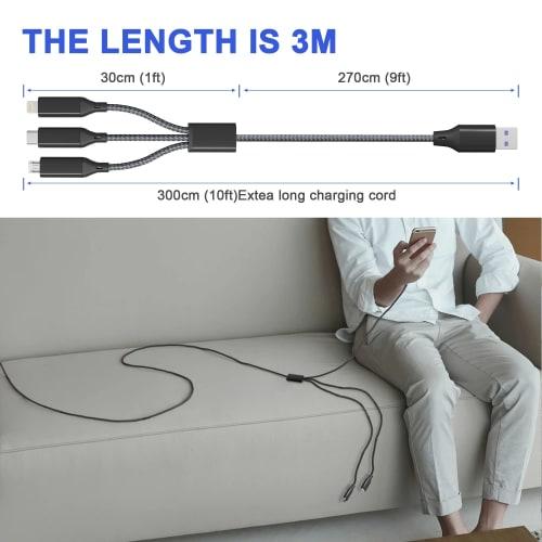 3in1 Charging Cable 3M Multi Charging Cable Nylon Braided Cord 6A Fast Charging USB Type C Cable Micro USB Cable Lightning Charging Cable Simultaneous