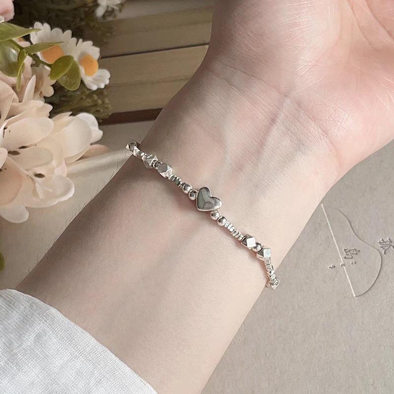 Korean Style S925 Sterling Silver Heart-Shaped Bracelet for Women - Niche Exquisite Aesthetic with Broken Silver Beads