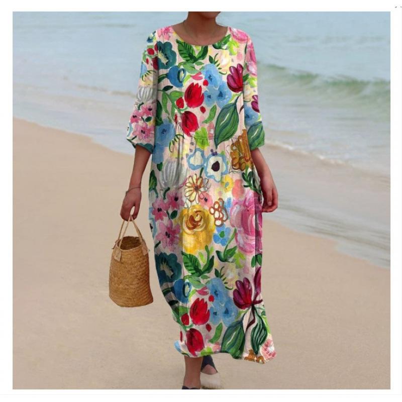 Women's Round Neck 3/4 Sleeve Midi Dress Casual Loose Solid Color Beach Vacation Long Dress