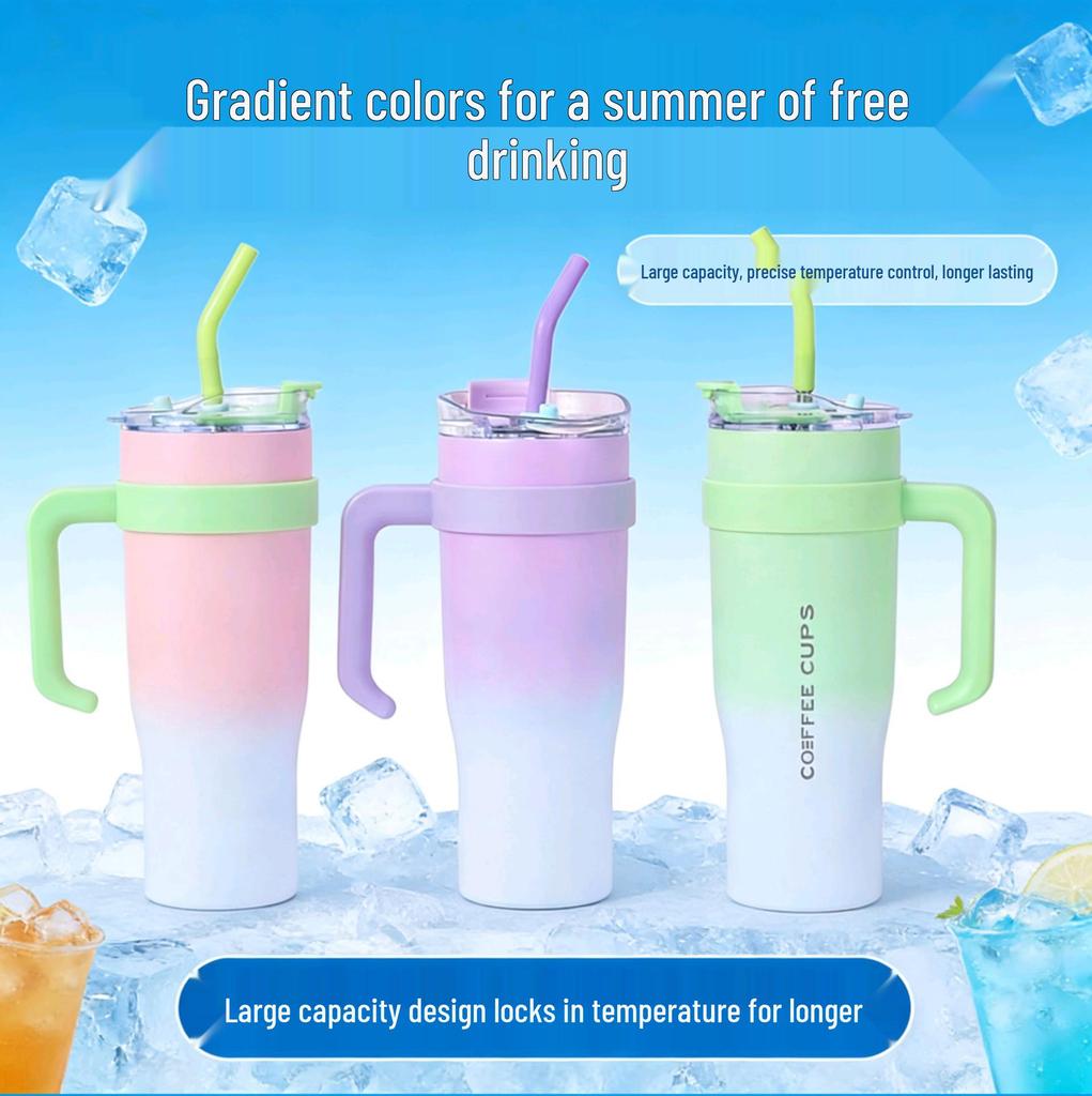 40oz Gradient Handle Insulated Cup with Jumbo Straw - High Aesthetic Car Ice Cooler for Women