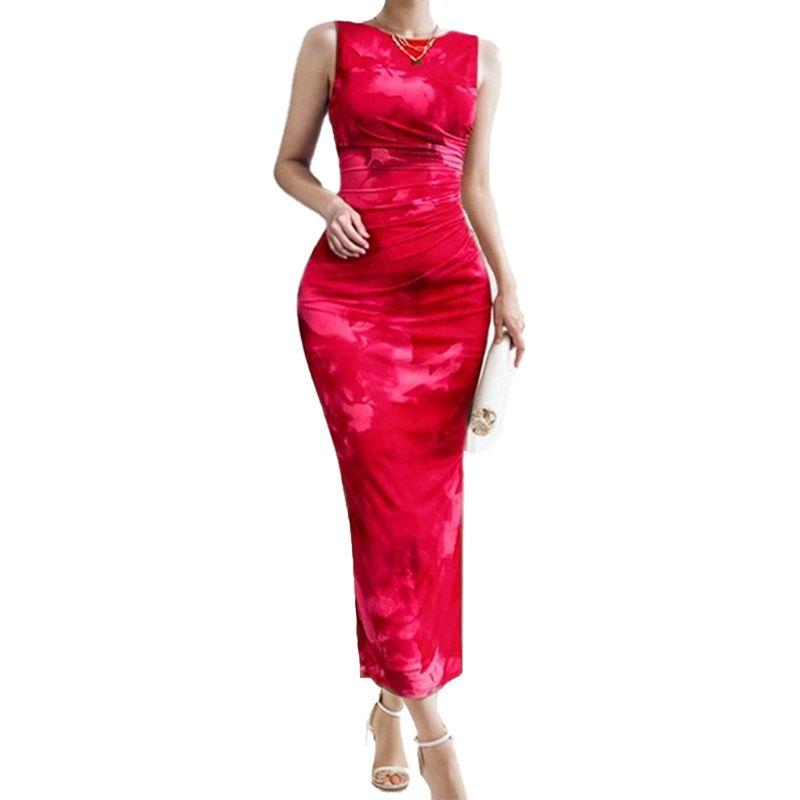 Printed Dress 2025 Summer New Women Temperament Elegant Sleeveless Split Waist Hugging Sexy Print Dress