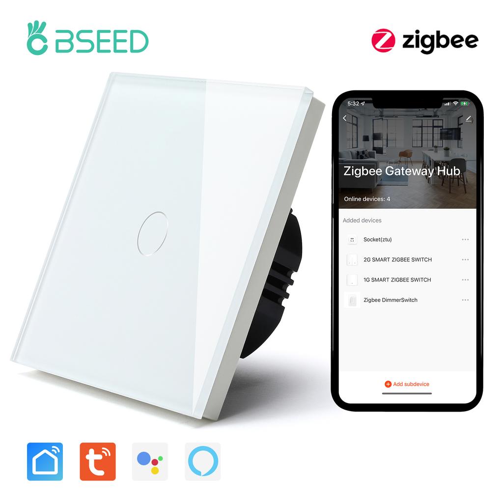 BSEED Zigbee 1/2/3Gang Touch Light Switches Tuya Smart Life App Control With Normal UK Standard Power Sockets 13A Glass Panel