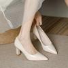 Fashion Women Pointy Chunky Heels Summer Fashion Pointed Toe Thick Heel Soft Sexy Pu Leather Slip On Pumps Nude Casual Dress Shoes