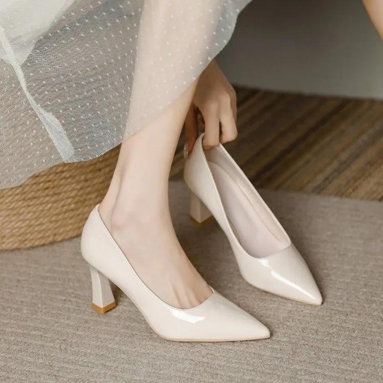 Fashion Women Pointy Chunky Heels Summer Fashion Pointed Toe Thick Heel Soft Sexy Pu Leather Slip On Pumps Nude Casual Dress Shoes
