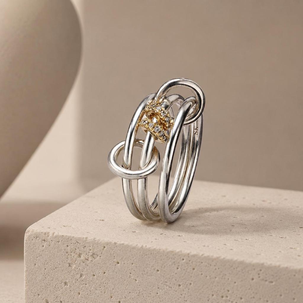Interlocking Zirconia Two-Tone Diamond Ring, Multi-Element Plain Band
