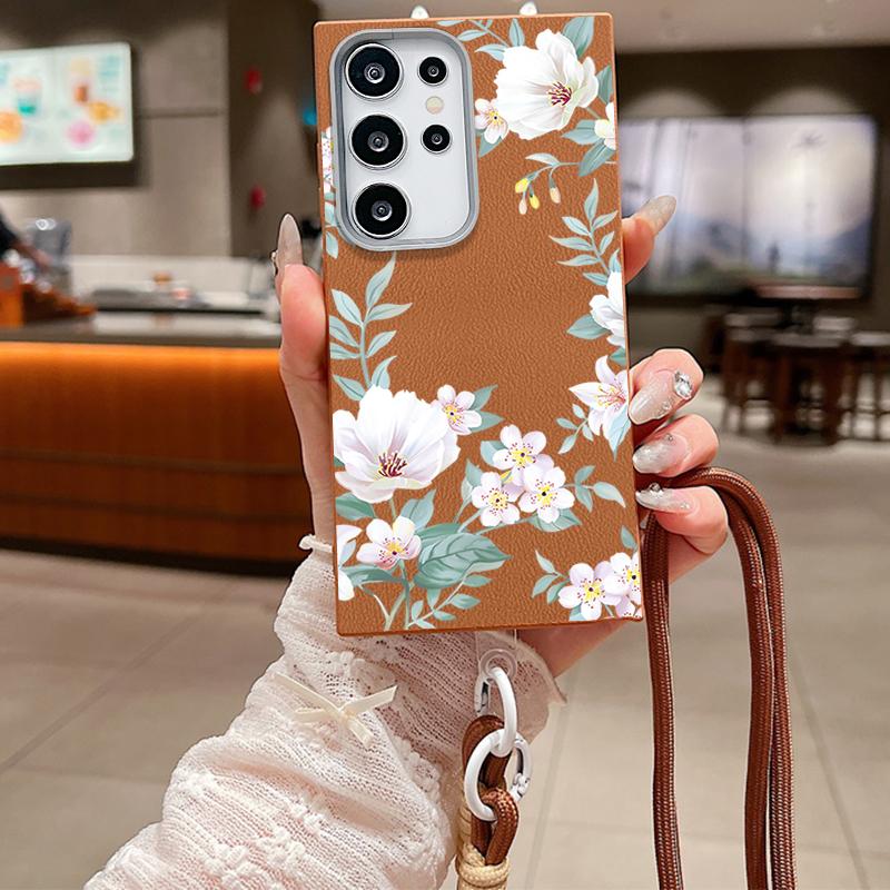 For Samsung S25 Ultra S24 FE S23 S22 A16 A56 A36 A55 A26 A35 Case Flower Pattern Slim Shockproof Matte Leather Texture TPU Soft Lanyard Phone Cover
