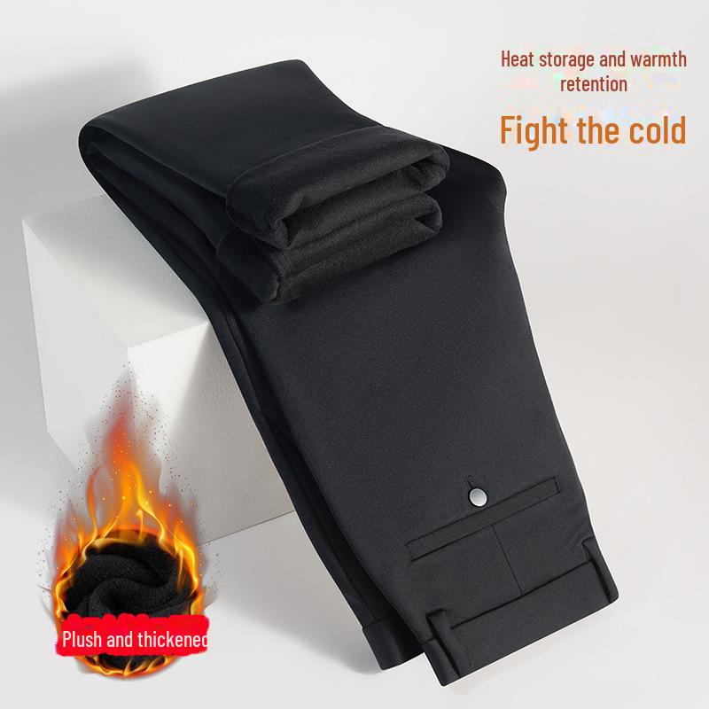 Men's Anti-Wrinkle Straight-Leg Business Trousers with Slight Stretch and Warm Plush Lining