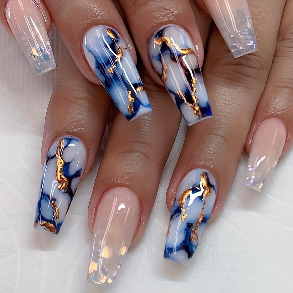 24 Stück Glänzende Blaue Marmoroptik Aufdrücknägel mit Goldfolien-Design und Glänzendem Rosa Kleber - Vollständige Abdeckung Mittel Lange Sarg-Ballett Falsche Nägel
