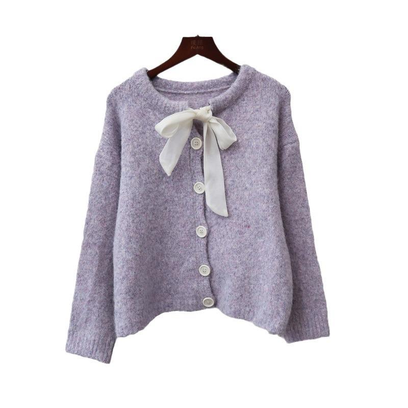 Autumn and winter new lace-up bow knitted cardigan loose soft waxy sweet gentle wind sweater jacket women's clothing