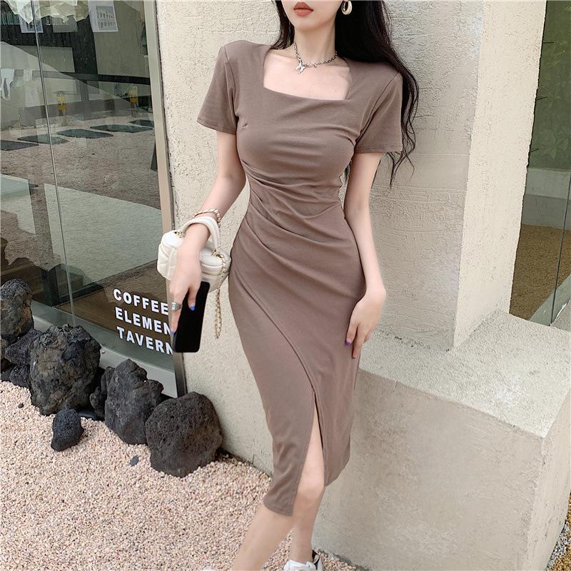 Pleated waist temperament square neck dress women's high waist thin medium and long asymmetric split skirt children's summer