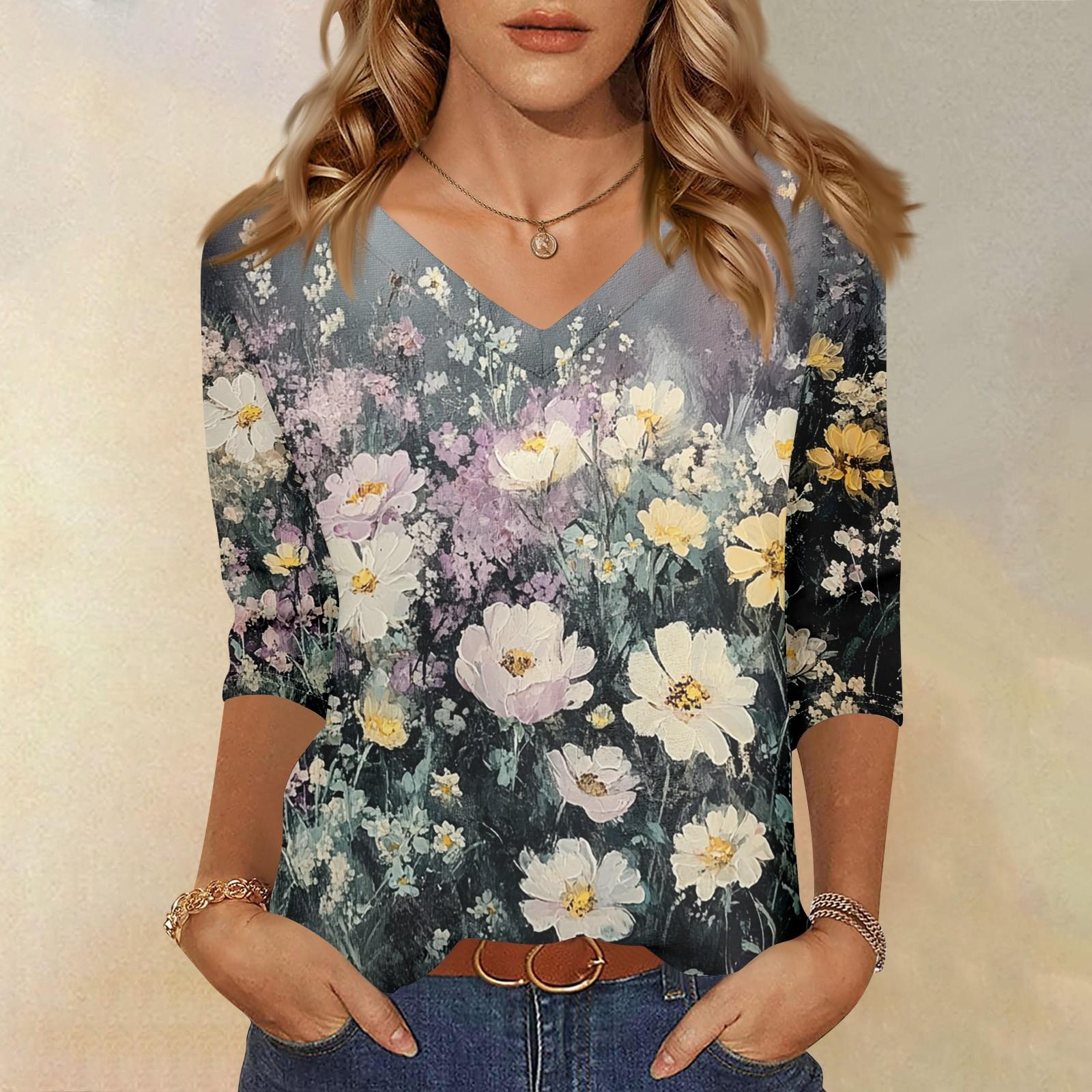 

Женские топы, рубашка с рукавом три четверти, свободная повседневная рубашка с V-образным вырезом, футболка с цветочным принтом XXXL чёрный