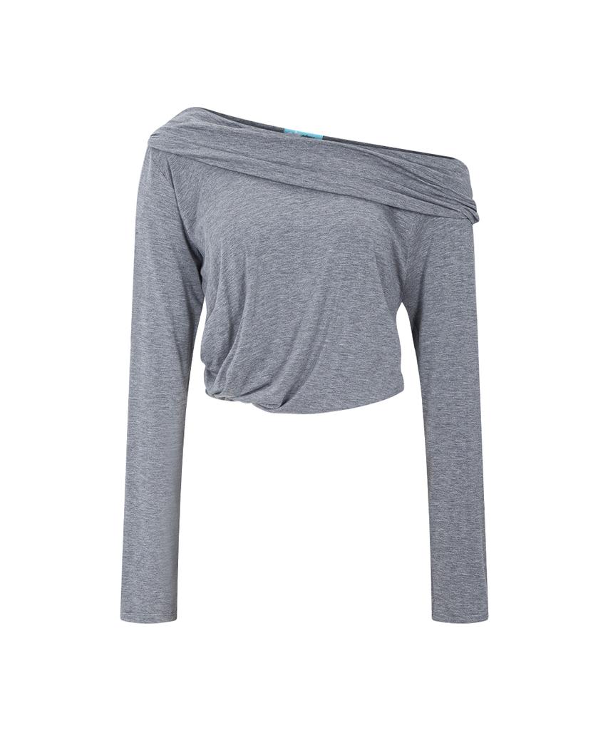 PLEASENOFOLLOW Bree Unbal Shirring Long Sleeve Top (Melange Charcoal)