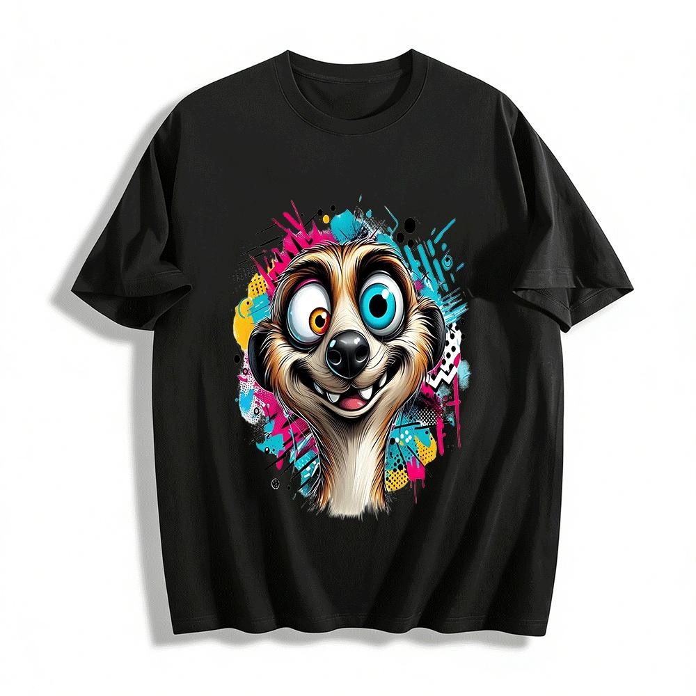 Goofy Big-eyed Meerkat Graffiti Print Casual T-shirt Pure cotton T-shirt XXS