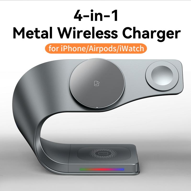Wireless Charger Stand Metal Shell Magnetic 15W Fast Charging Station Stand for iPhone 12-17 Mobile Phones Airpods Watch 4 in 1