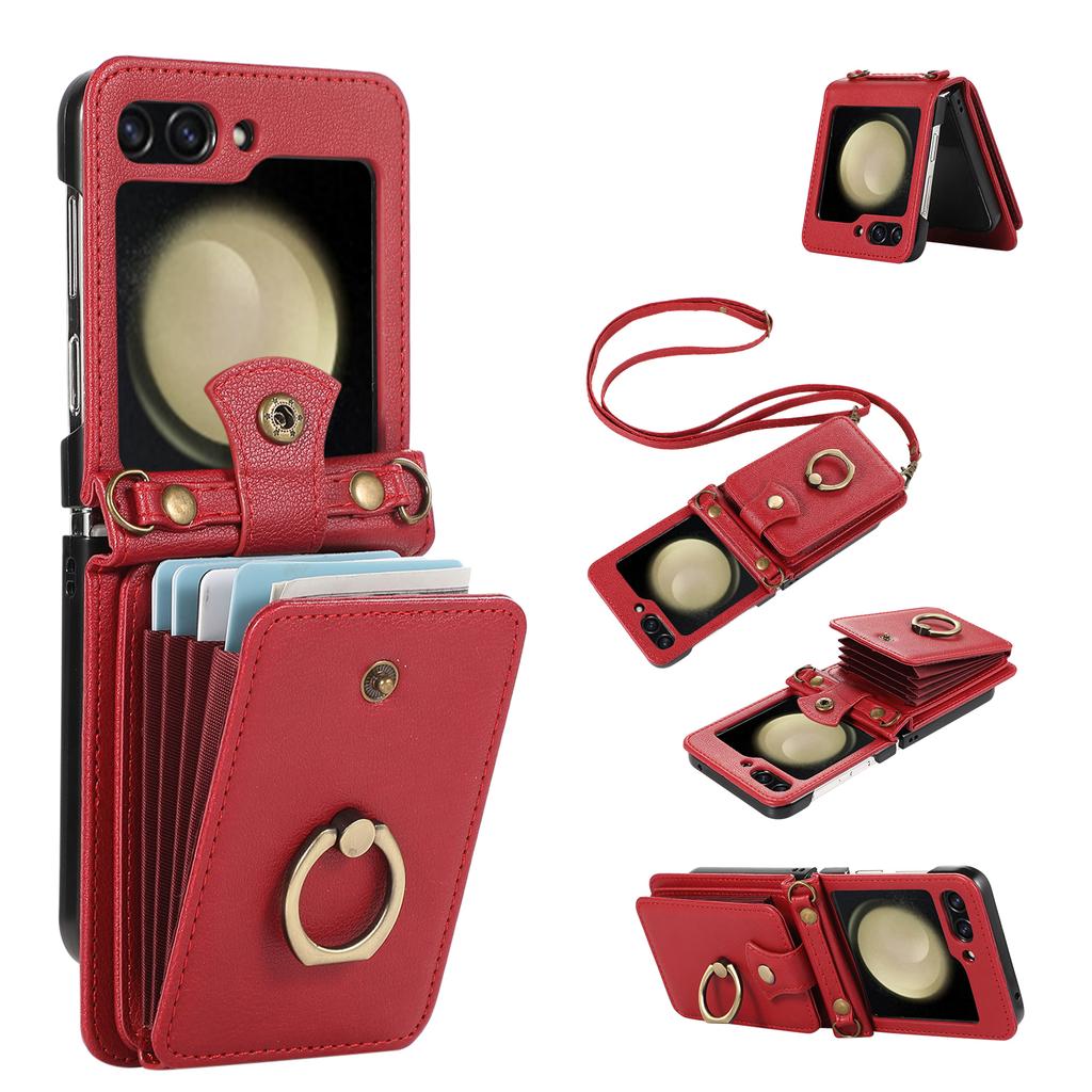 For Samsung Galaxy Z Flip7 5G Case Card Holder Ring Kickstand TPU+PU Leather Phone Cover with Long Strap