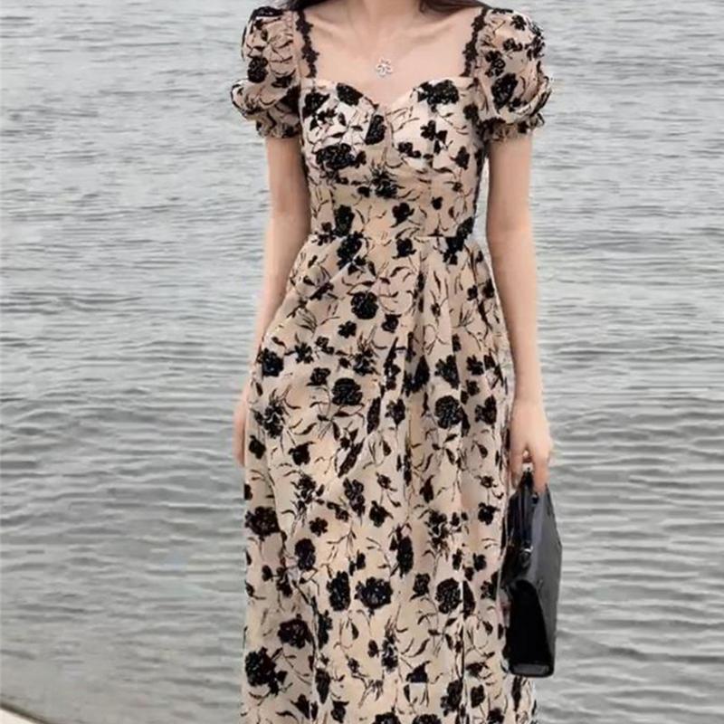 Summer Women's Fragmented Flower Dress French Black Rose Print Long Dress Slightly Slim Elegant Large Skirt