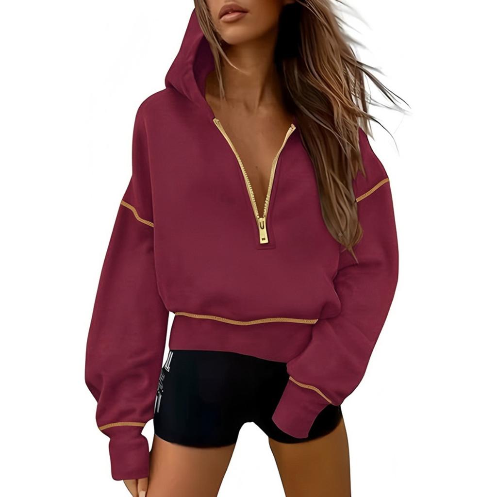 Warm, Fleece, Loose Jacket, Pullover Hoodie, Half Zip, Short Cut, Hooded Hoodie, Women's