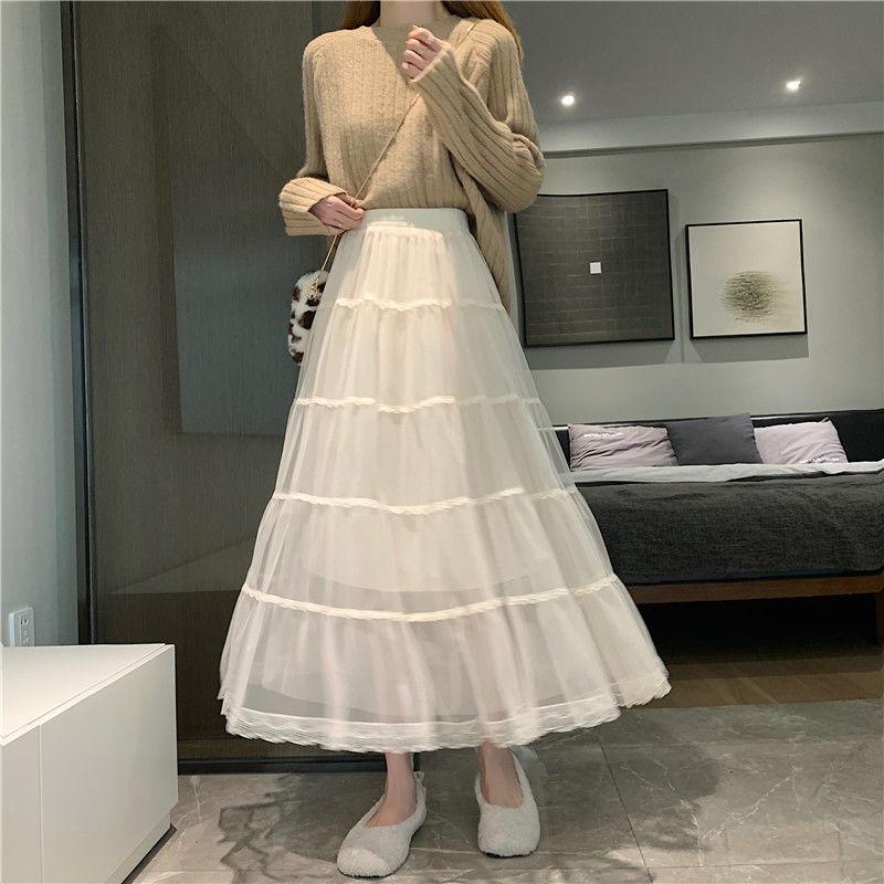 Sweet Mesh Skirts Women Korean Fahion Lace Cake Long Skirts Y2K Faldas Spring Female Elegant Chic Ruffle Maxi Skirt