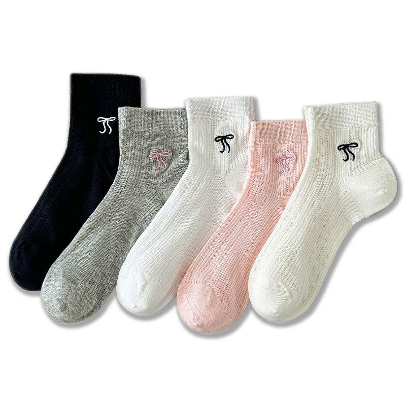 Women's Summer Thin Transparent Mesh Bow Embroidered Ballet Style Boneless Short Cotton Socks
